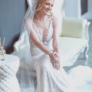 Galia Lahav Amani fitted beaded lace mermaid wedding dress with plunging v neck